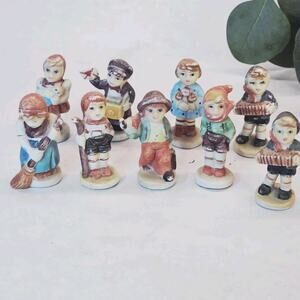 9 Vintage Bisque Porcelain Miniature Villagers Hummel Style Midcentury Kitsch